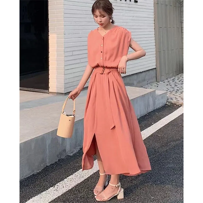 Spring Women Fashion Casual Knee Length Maxi Dress Summer Ladies Round Neck Loose Dress Korean Feminine Solid Color Long Dresses