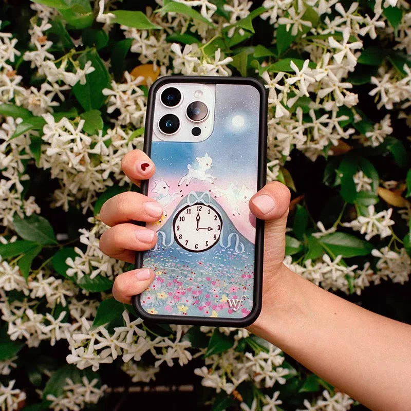 Bonita funda de teléfono con diseño de ciervo y reloj para iPhone 16 Pro 15 Plus 13 12 14 Pro Max, fundas acrílicas con dibujos de animales y flores silvestres, Capa Kawaii