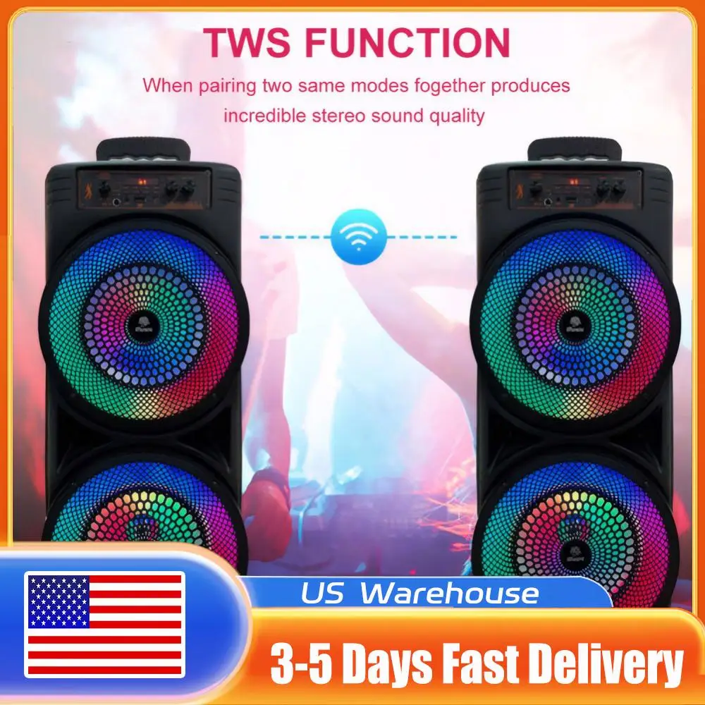 

Bluetooth-совместимый динамик Портативный динамик с двойным сабвуфером Глубокая подсветка басов Громкая бумбокс Поддержка USB/TF/AUX/FM/BT/MIC