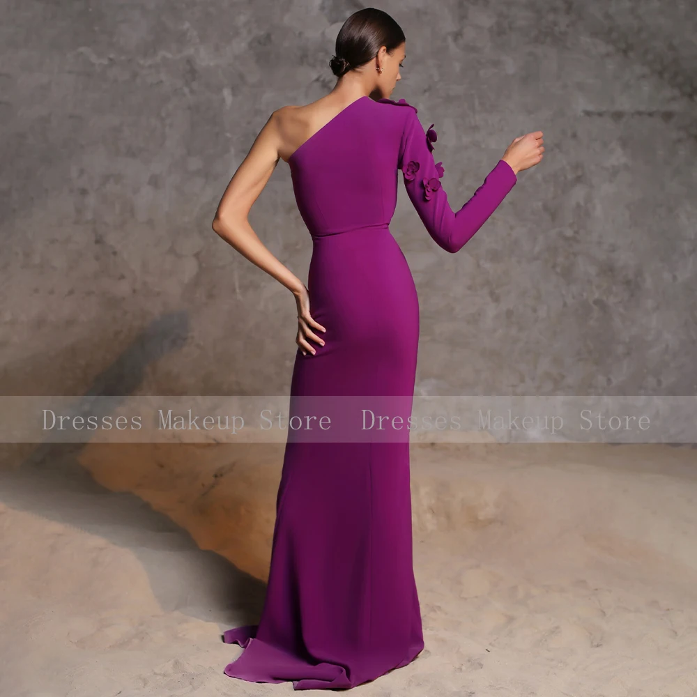 Vestidos de Noche morados para mujer, vestido Formal de manga larga con un hombro, sirena/trompeta, flores 3D, elegante vestido de fiesta de boda 2024