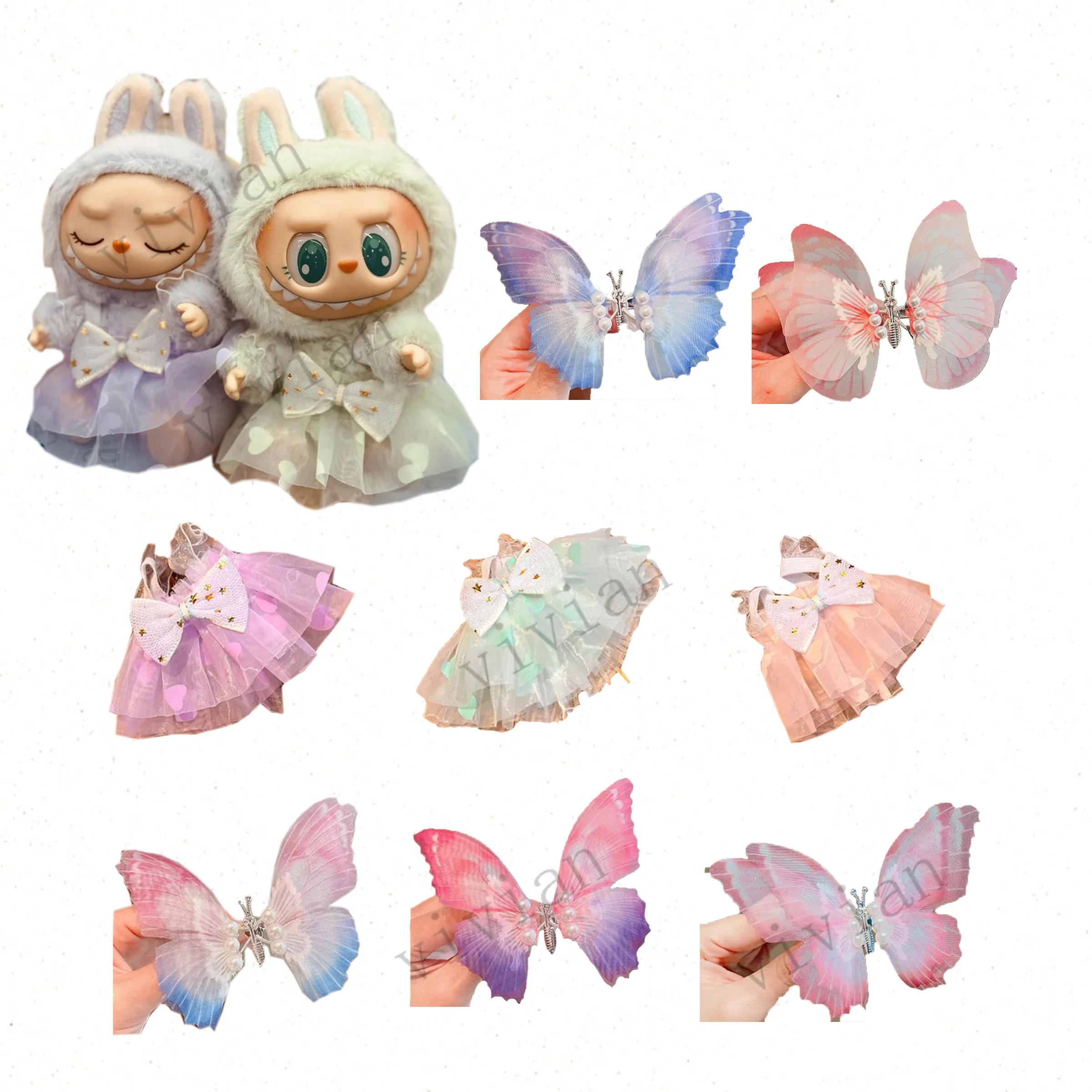 Mini Doll'S Clothes Outfit Accessories For 15cm Labubu V2 Love bow princess gauze skirt will move butterfly hairpin Clothing