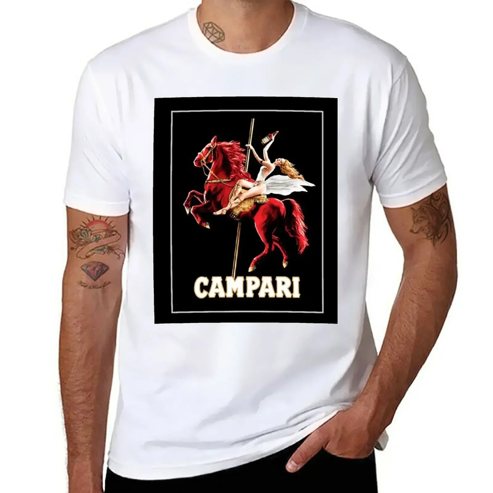 Short sleeve tee men oversized FUNNY Vintage Campari Wine and Liquor Spirits Red Horse Art Print T-Shirt tees sweat heavyweights