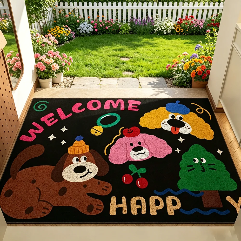 Cartoon Entry Door Mat Easy Maintenance Square Design Anti-Slip Foyer Carpet