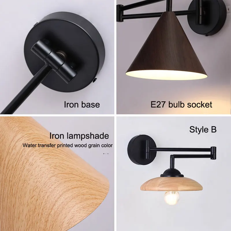 Nordic Wood Grain Wall Lamp Simple Rocker Arm Lamp Japanese Style Living Room Bedroom Retractable Foldable Bedside Wall Light