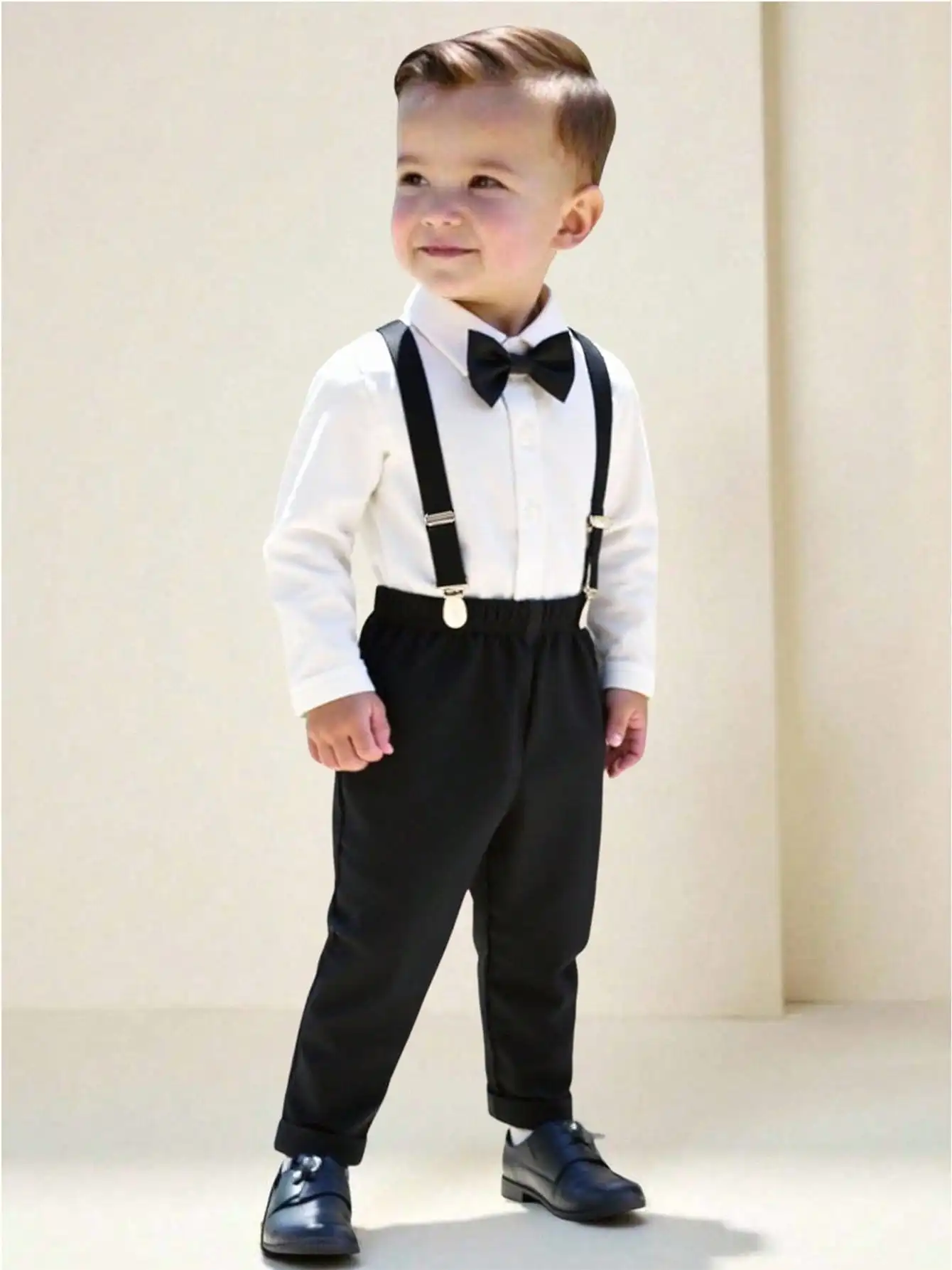 

3-Piece Formal Outfit for Toddler Boys: White Shirt, Bow Tie, Suspender Pants