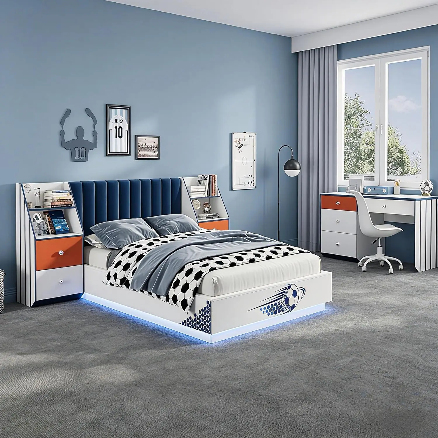 Full Size Floating Bed With Velvet Headboard, LED Lights, 2 Nightstands, Wood Slat, No Box Spring, White/Blue, Customized view 4