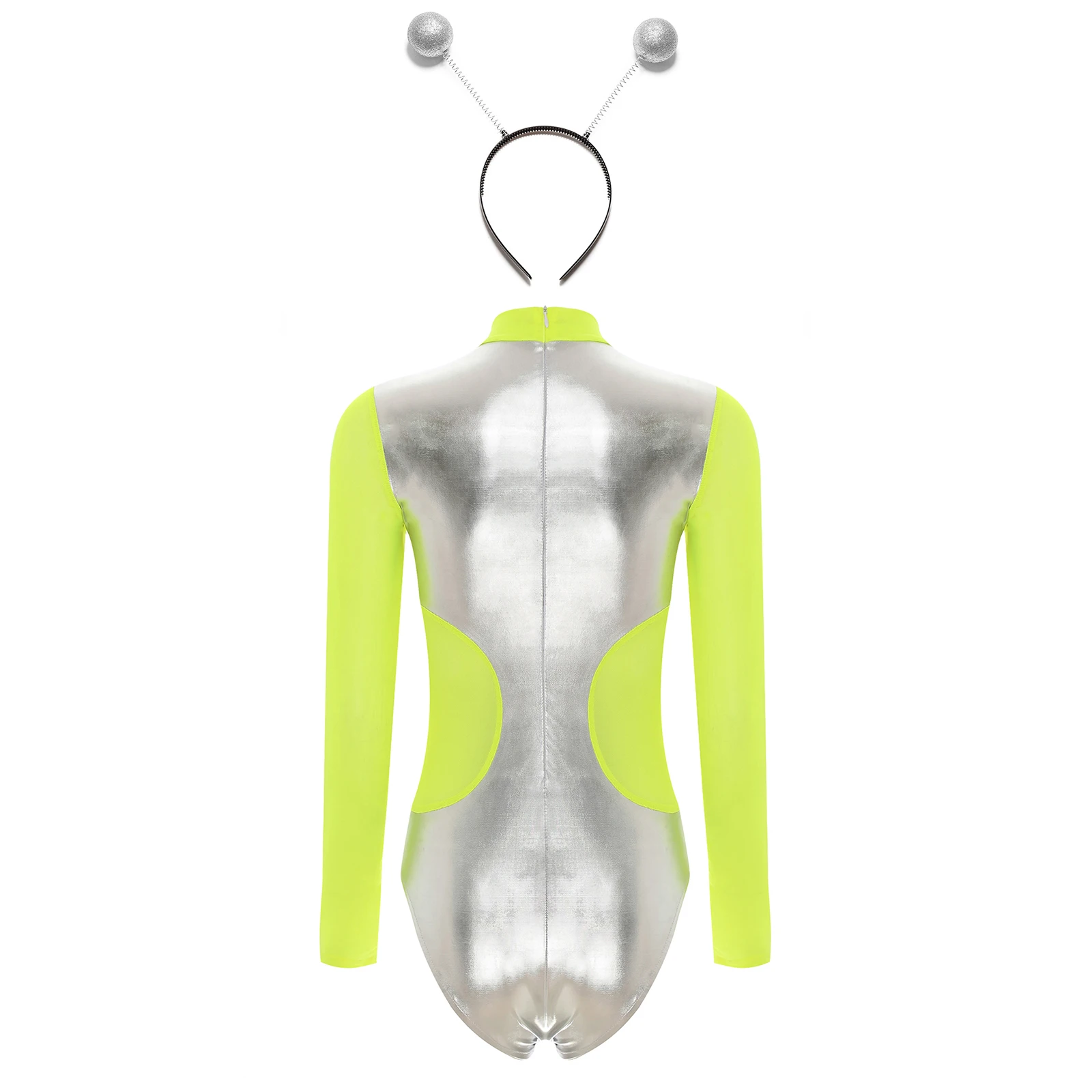 Damen fluor zieren den Patchwork Langarm Trikot Bodysuit metallisch glänzenden Overall mit Alien Hair Hoop Astronaut Cosplay Kostüm