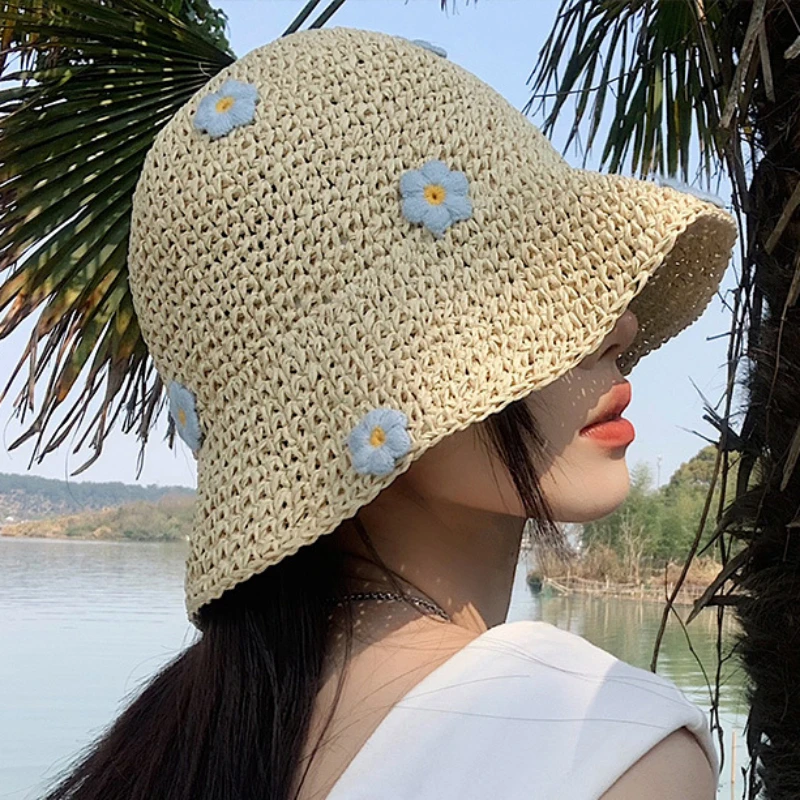 Bohemia Hollow Blue Flower Straw Caps for Women Summer Seaside Vacation Sun Protection Sun Hat Summer Sense Beach Bucket Hat