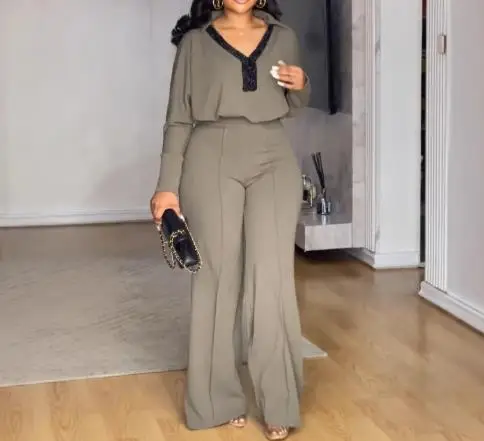 

Two Piece Set Women Outfit 2025 Spring New Elegant Commuting V-Shaped Lapel Long Sleeved Top & High Waist Casual Daily Pants Set
