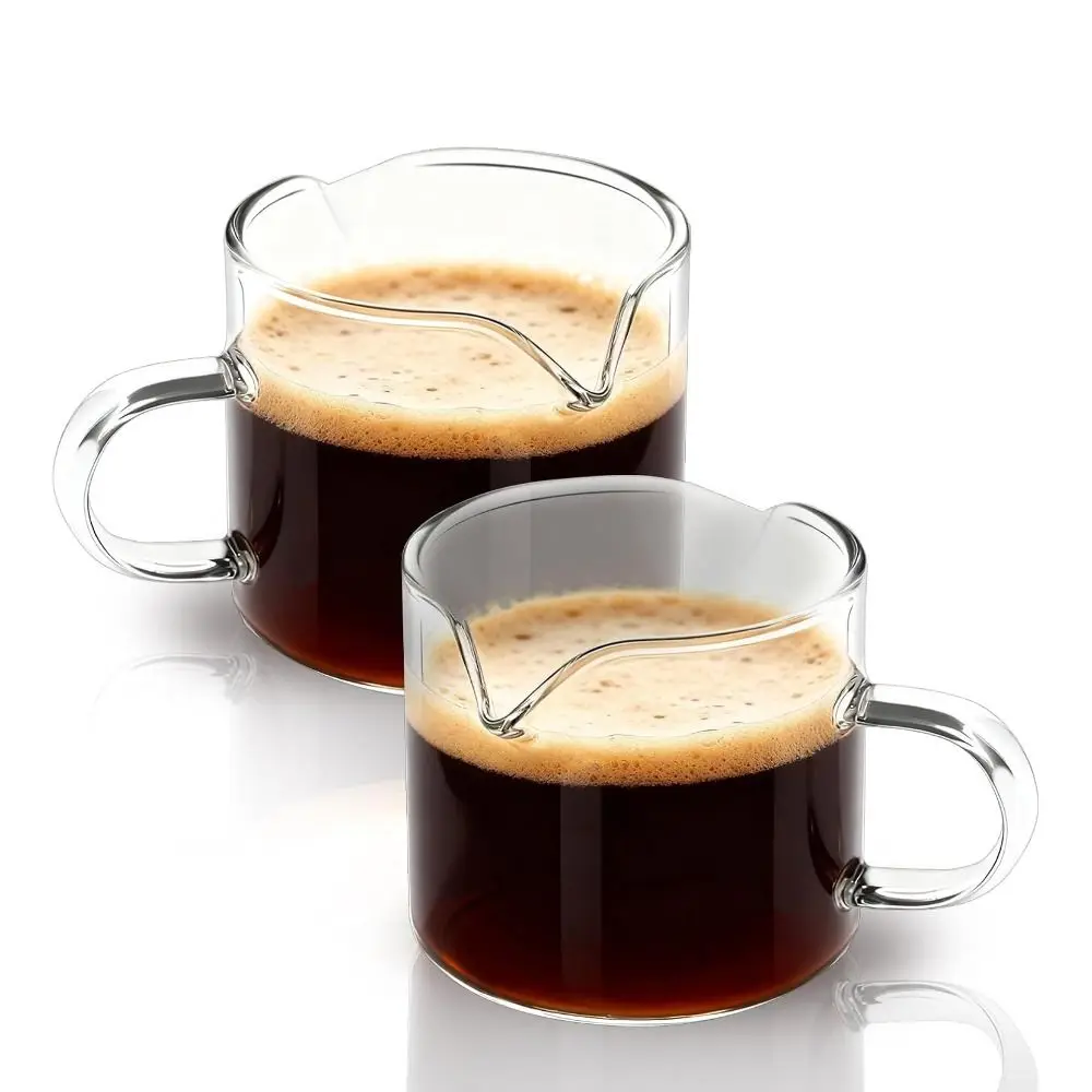 

Набор из 2-х прозрачных стеклянных кофейных чашек для дома, 120 мл, с ручкой, 2 отверстия для налива, термостойкие, мерные, для бара
