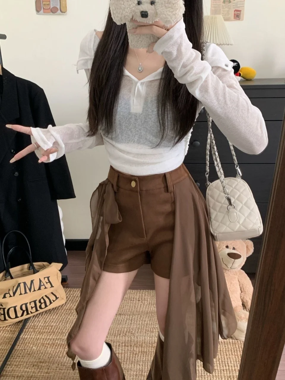 American retro spicy girl style patchwork ribbon high waisted casual pants autumn millennium spicy girl slim trend shorts emo