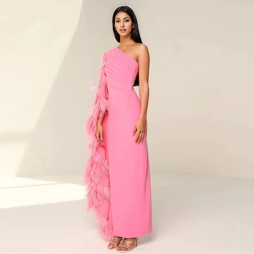 Fashion Feathers Prom Dress  with Cape One Shoulder Pleat Ankle Length Formal Evening Dresses Saudi Arab فساتين للمناسبات الرسمي