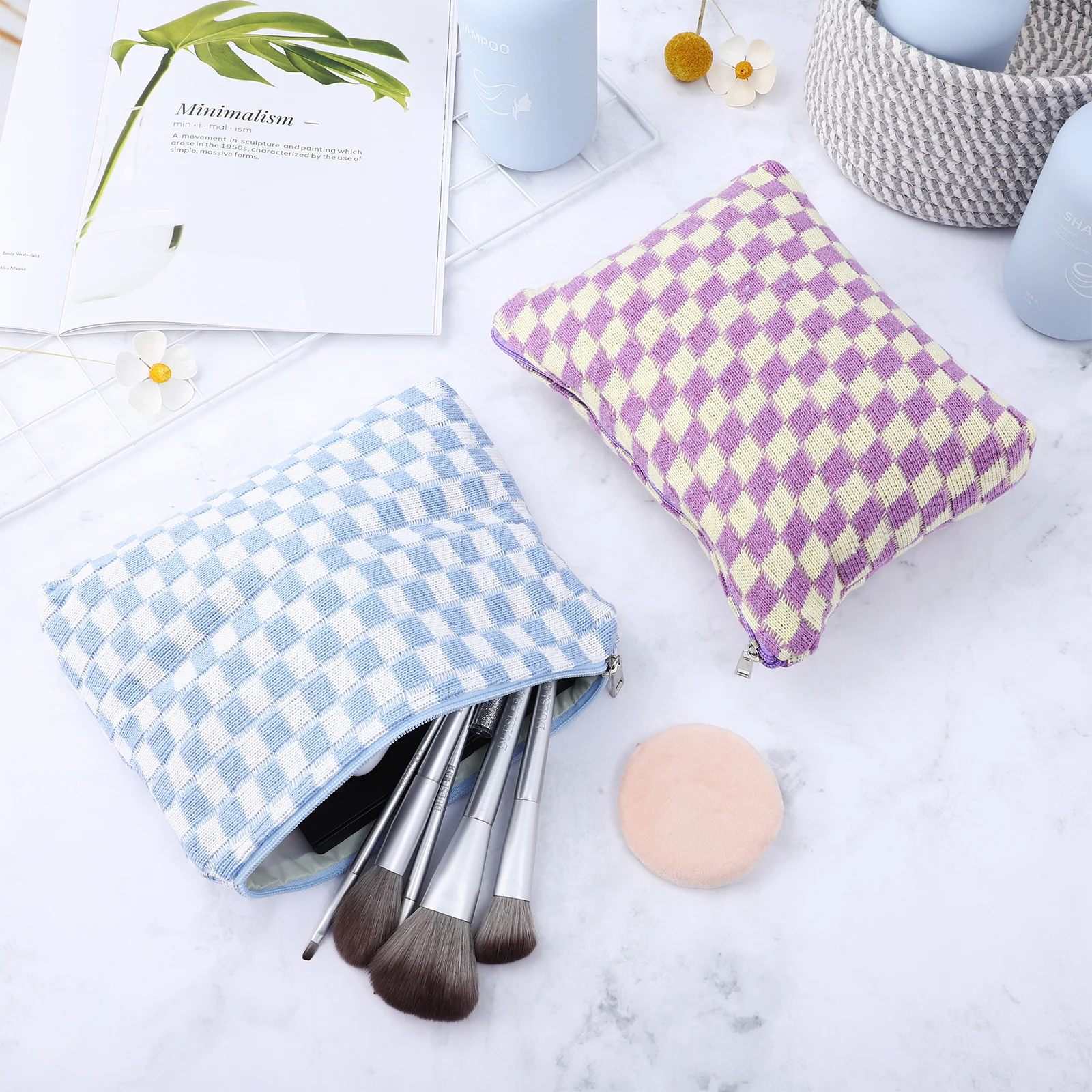 

2pcs Makeup Bags Large Capacity Checkered Pouches For Lipstick Brushes Storage Durable Zipper Organizer Pad Holder