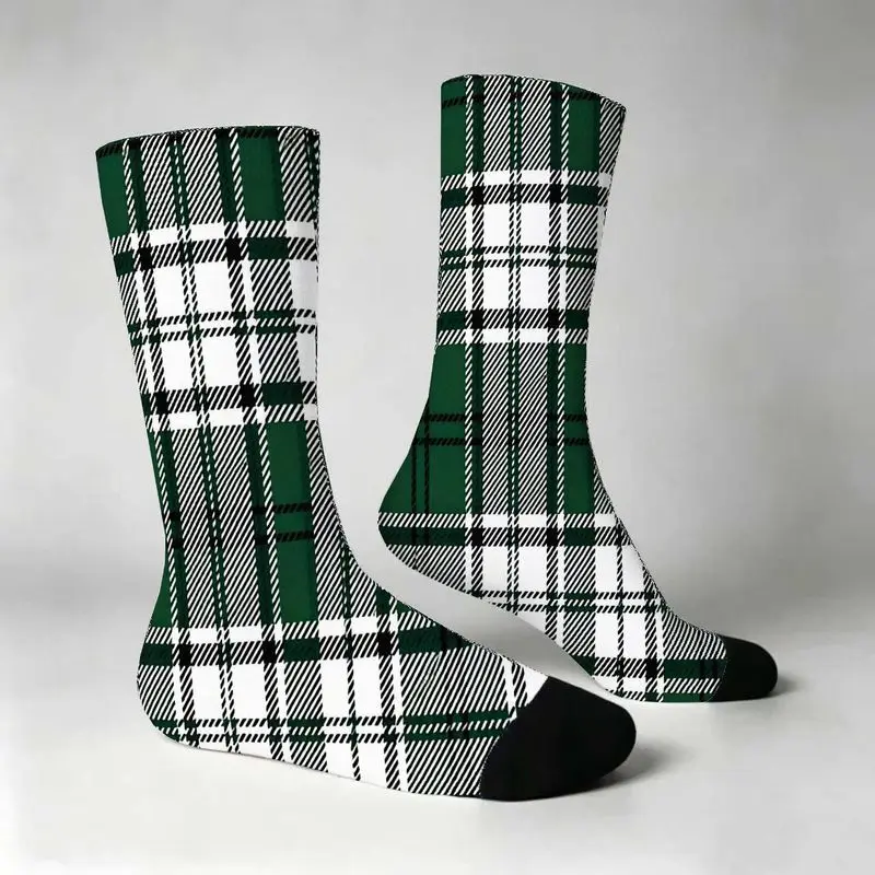 Unisex Green and White Plaid Crew Socks Soft Breathable Full-Body Plaid Print Machine Washable Suitable for Daily Wear