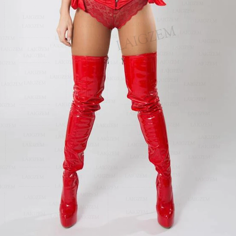 BERZIMER Women Thigh High Boots Platform Side Zip Stiletto Heels Over Knee Boots Shiny Ladies Shoes Woman Big Size 4043 45 50 52