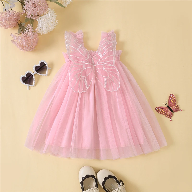 Kids Girls Princess Dress Sleeveless 3D Butterfly Mesh Decoration Dress Children Clothing Summer Suspender Gauze Dress