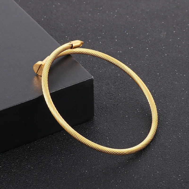 Unisex Fashion Silver/Gold Color Stainless Steel Strand Nail Charm Bangle For Men Women Punk Simple Hand Party Jewelry Gifts