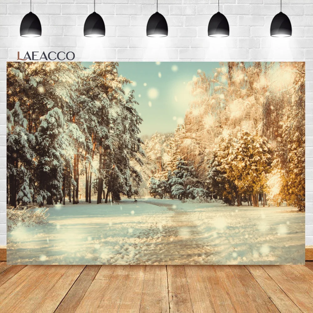 Laeacco Winter Snow Forest Backdrop White Xmas Trees Wintry Alps Scene Christmas New Year Party Portrait Photography Background