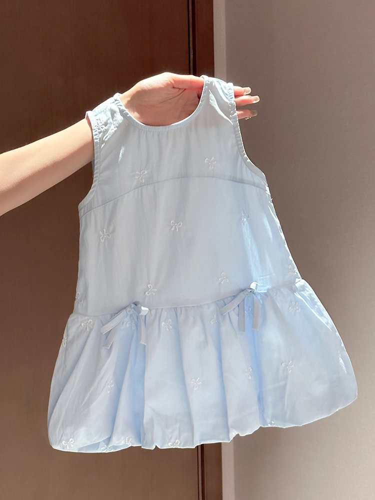 Vestido Azul de Princesa para Meninas, Moda de Verão com Laço de Borboleta, Estilo Doce, Caimento Solto, Decote Redondo, Roup...