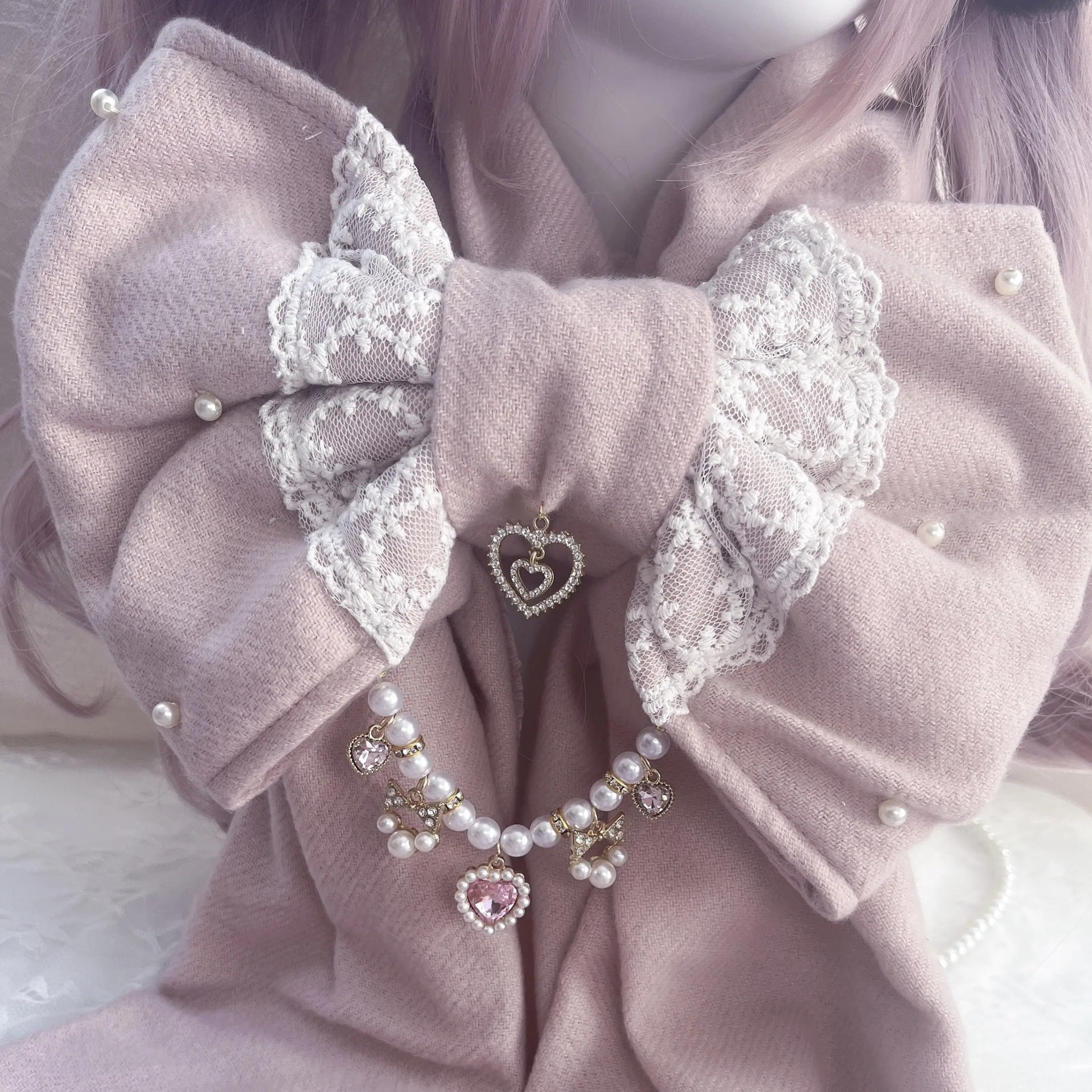 Japanese Mass Produced Cute Lace Bow Pearl Autumn Winter New Scarf Sweet Lolita Warm Fringed Scarves Apparel Accessories Women