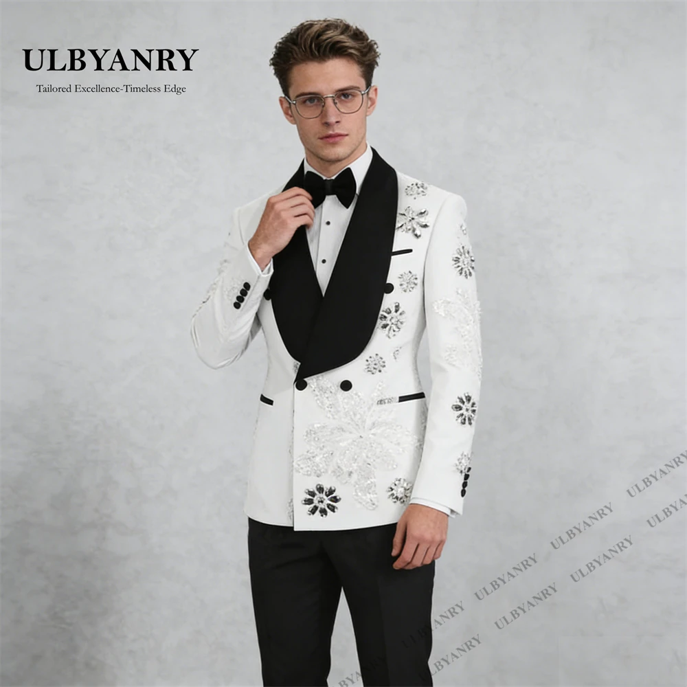 ULBYANRY Designer Crystals Embellished Suit Set for Men, Blazer & Pants, Double Breasted Slim Fitting Jacket with Black Trousers