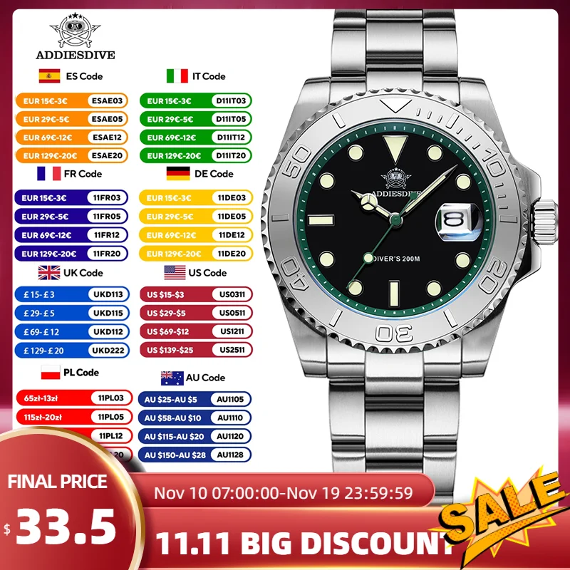 ADDIESDIVE Waterproof Quartz Wristwatches Luminous 316L Stainless Steel Watch Diver Analog Watches Luxury Business Reloj Hombre