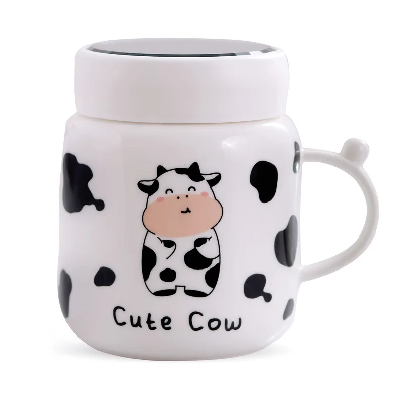 Cartoon Cow Mirror Mug Cute Cow Spotted Ceramic Water Bottle with Handle Couple Kawaii Student Drink Milk Cup Office Gift