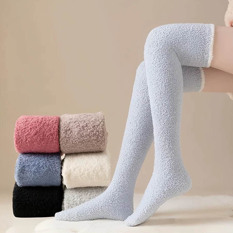 

1 Pair Women Winter Warm Coral Fleece Over-knee High Socks Plush Home Sleep Floor Long Socking Jk Solid Soft Thigh High Sock