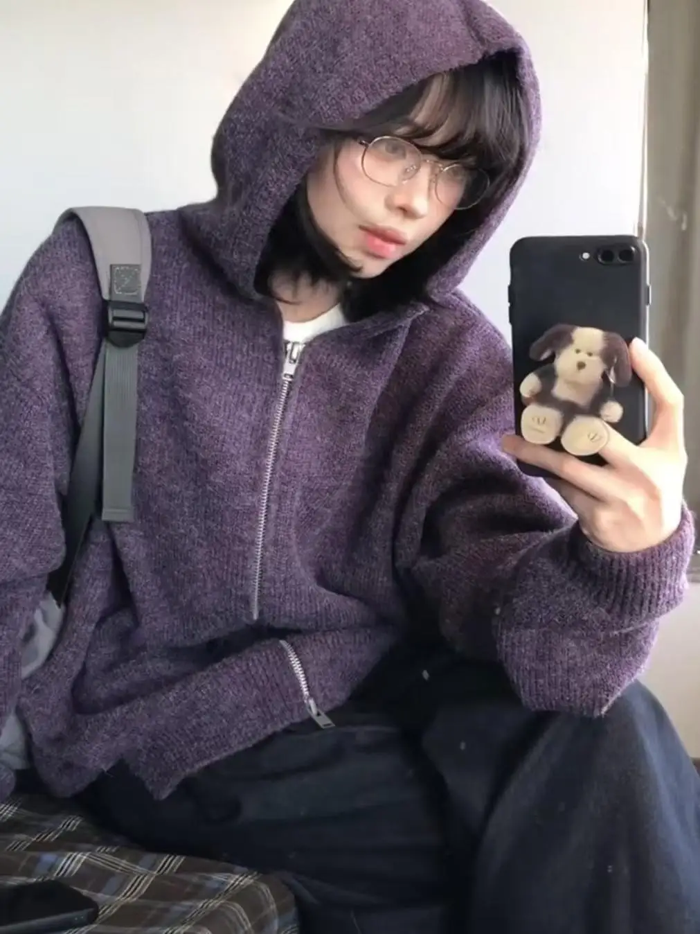 

Свободная женская фиолетовая толстовка с капюшоном, кардиган большого размера, ленивый вязаный свитер, пальто на молнии, повседневное зимнее пальто для отдыха в американском стиле