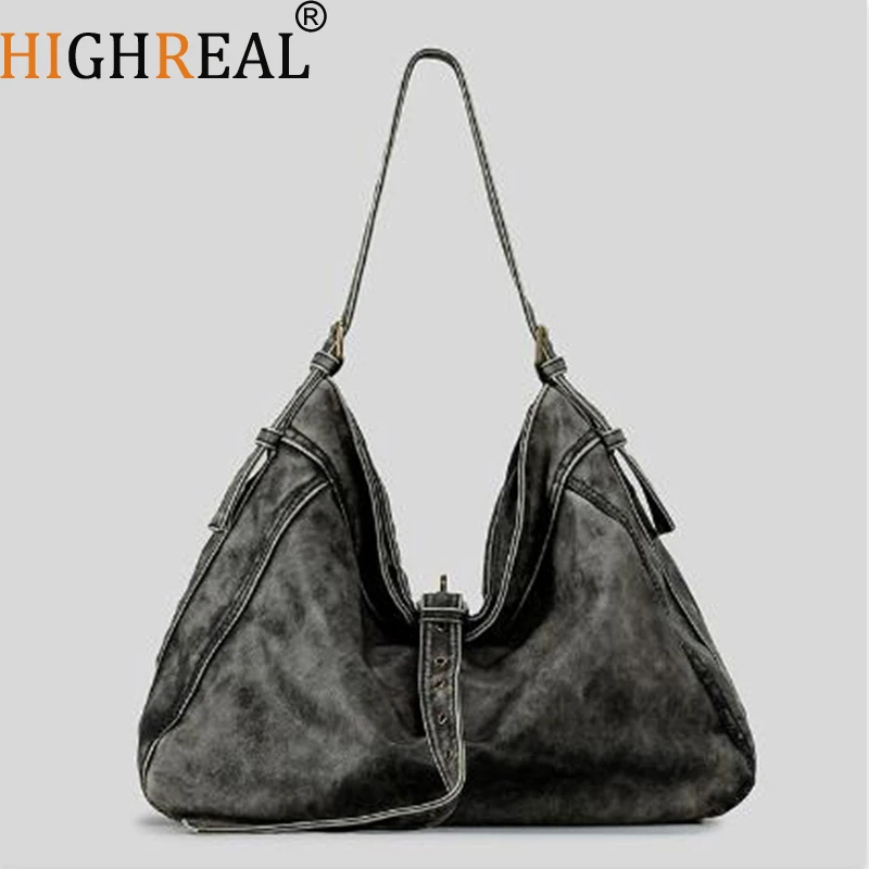 Women's Fashion Vintage Washed Soft Leather Tote Bag Large Capacity Commuter Multi-Pocket Shoulder Messenger Bag