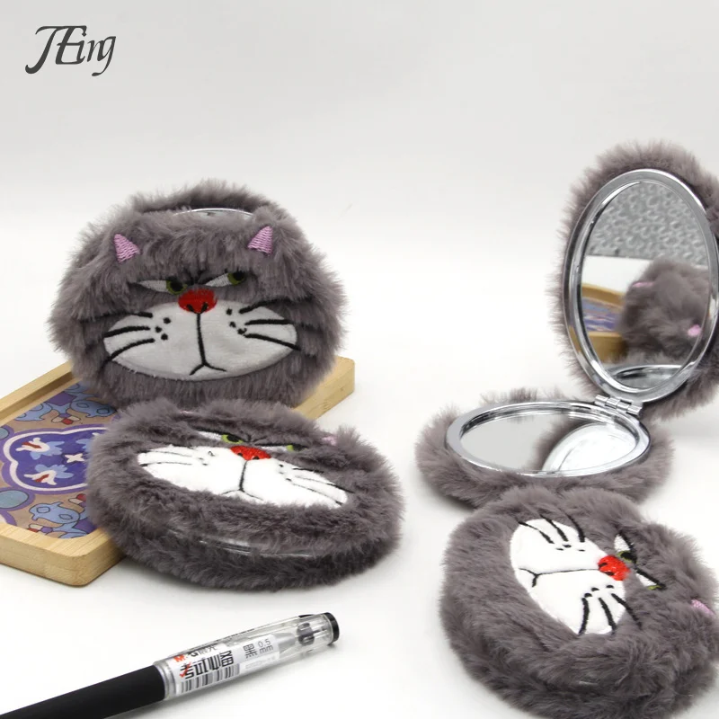 Kawaii Anime Cute Cat Plush Mirror Creative Small Exquisite Plush Double-sided Folding Portable Makeup Mirror Girls' Gift