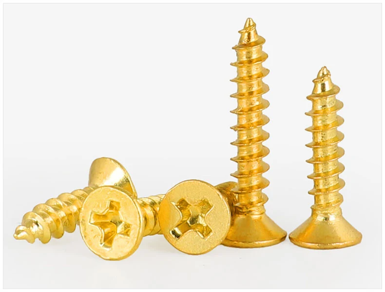Goldener Waschbeckenkopf, Kreuzschlitz, flache selbstschneidende Schrauben, metrisches Gewinde, Messing, goldene Schrauben, Holzbrett, Faserplatte, Spanplattenmöbel – Detail 2