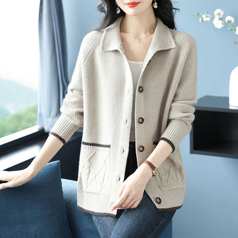 Frauen Neue Gespleißt POLO Kragen Taste Tasche Mode Einfarbig Gestrickte Pullover Lose Top