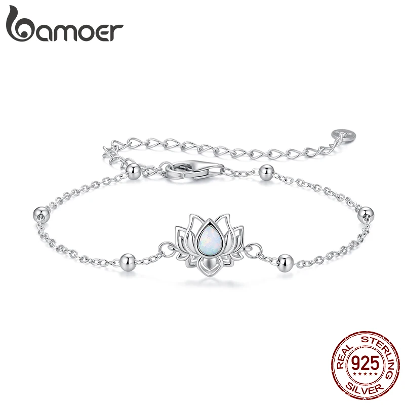 

Bamoer Opal Lotus Bracelet 925 Sterling Silver Unique Lotus and Beads Decorative Design Chain Bracelet Women Fine Jewelry ﻿ ﻿