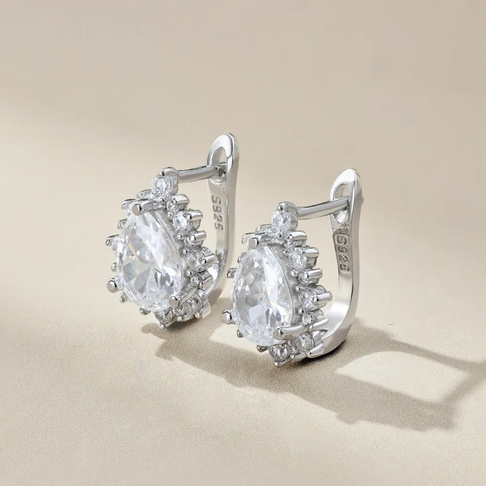 

S925 Sterling Silver White Water Drop Pear Shaped Earring Zircon White Round Zirconium Mosaic Clip Earrings