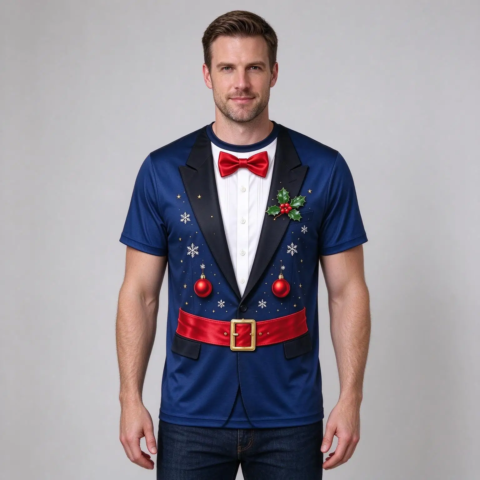 Men Christmas T-shirt, Fake Suit Jacket Print Bow Tie Santa Belt 3D Graphic Tee, Xmas Party Casual Short Sleeve Tops