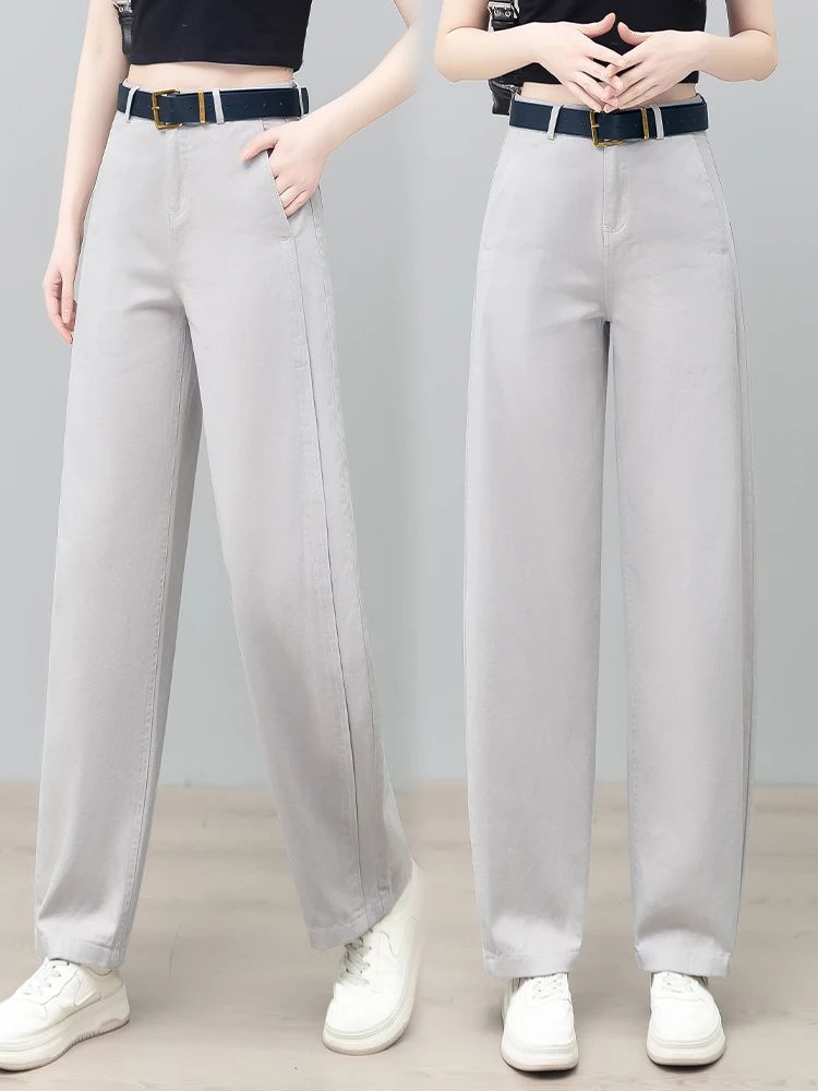 

Джинсы с высокой талией и широкими штанинами, женские летние тонкие брюки-бананы нового стиля, корейский стиль, повседневные, из хлопкового денима, с эффектом похудения