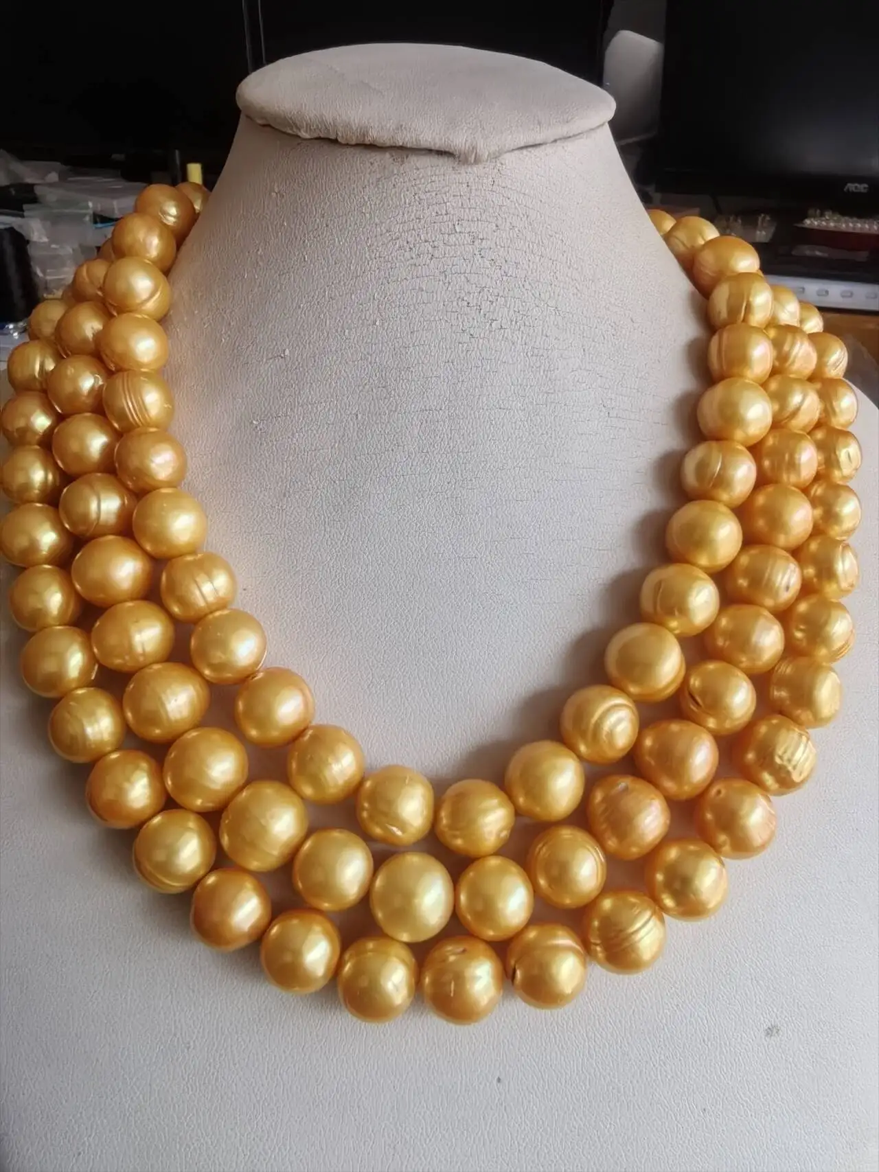 Wholesale of natural seawater pearls 11-12mm Baroque Natural Sea gold Pearl Necklace  17-18-19IN