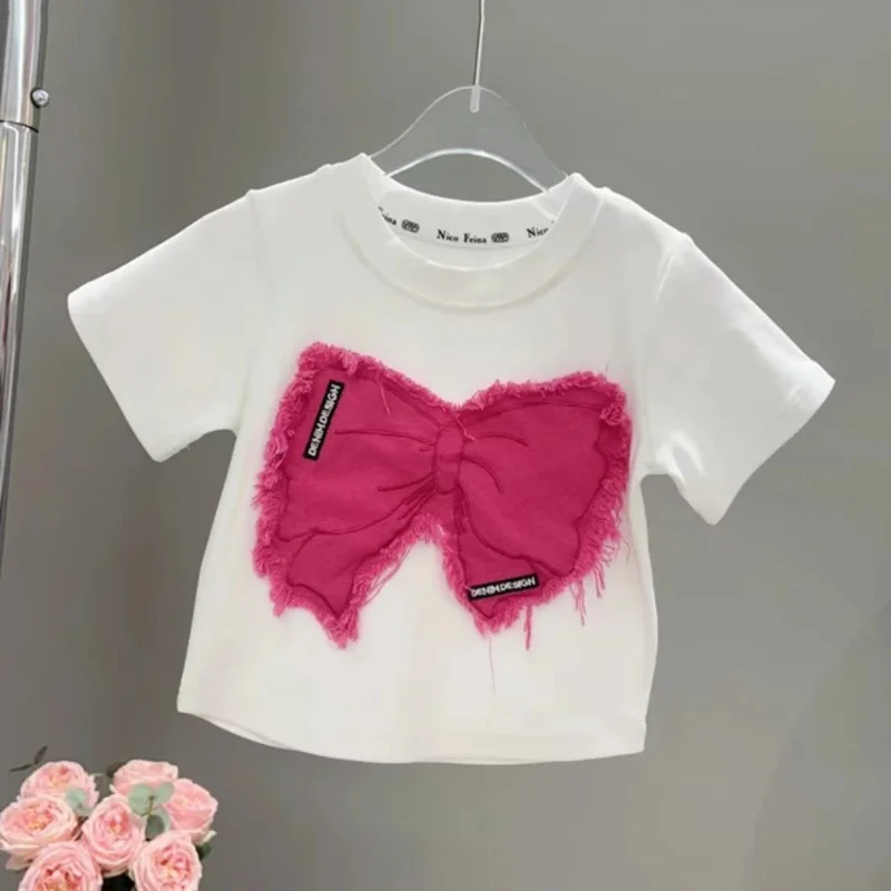 Girls T-shirt Summer Girls T-shirt New Children\'s Baby Cute Bow Short-sleeved Top Little Girl Cotton Bottoming Shirt