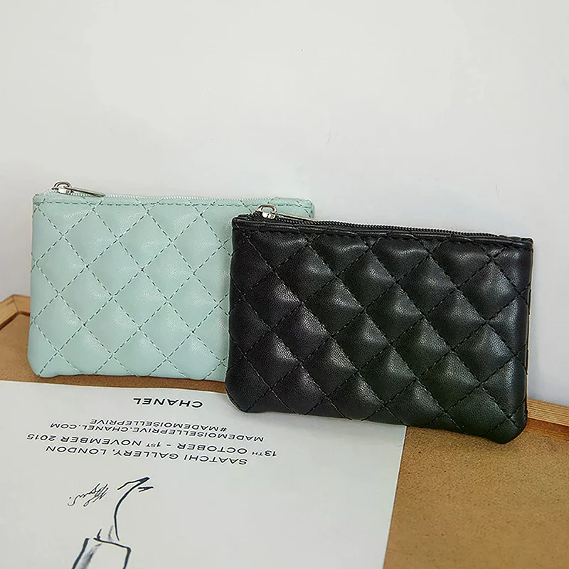 Women's Small Coin Purse PU Leather Zipper Wallet Fashion Slim Pocket Lattice Printed Business Card Holder Organizer Bag