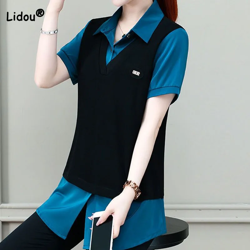 Office Lady Korean Solid Color Spliced Fake Two Pieces Blouse Fashion All-match Polo-Neck Casual Shirt Summer Women\'s Clothing