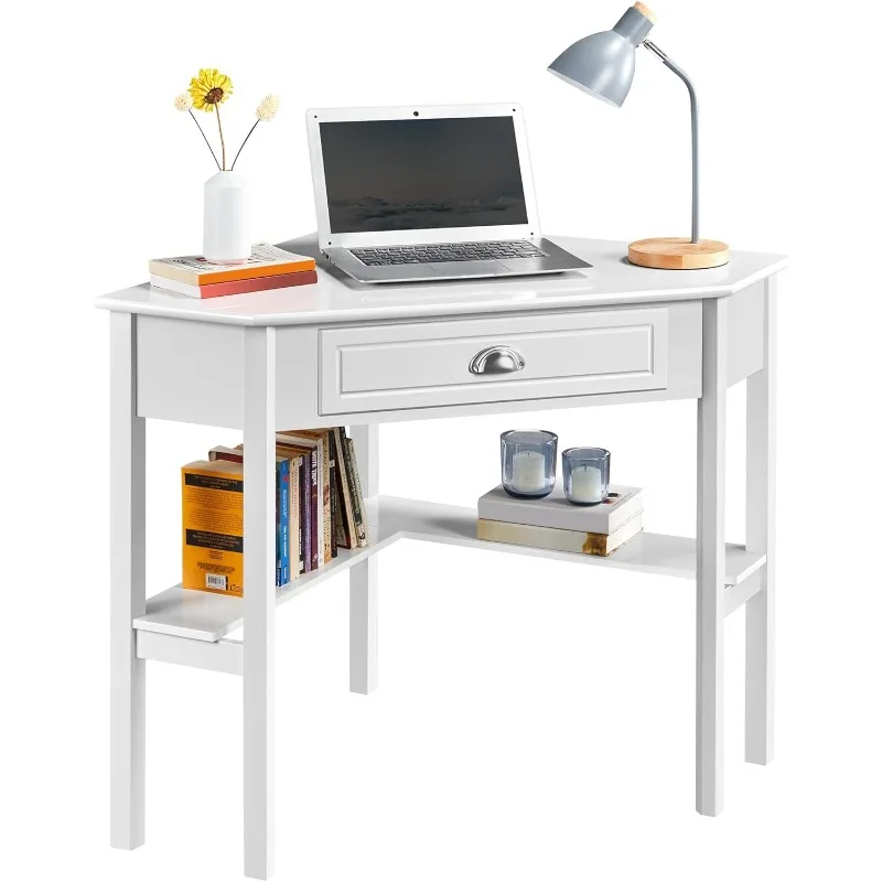 Computer Desk Corner Table with Large Drawer & Storage Shelves, 90 Degrees Triangle Writing Desk Laptop PC Table for Home Office