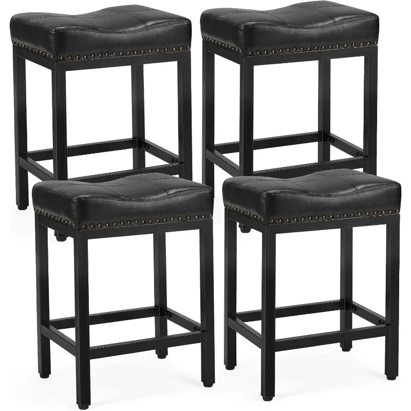 Bar Stools Set of 4， 24 inch Counter Height Bar Stools, Upholstered Modern Kitchen Barstools with Metal Base