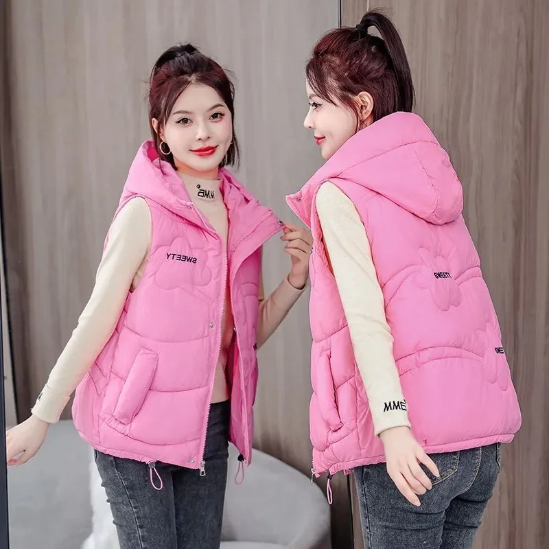 2024 New Women's Down Cotton Vest Korean Style Outerwear Cotton-padded Coat Winter Wear Hood Puffer Jacket Overcoat