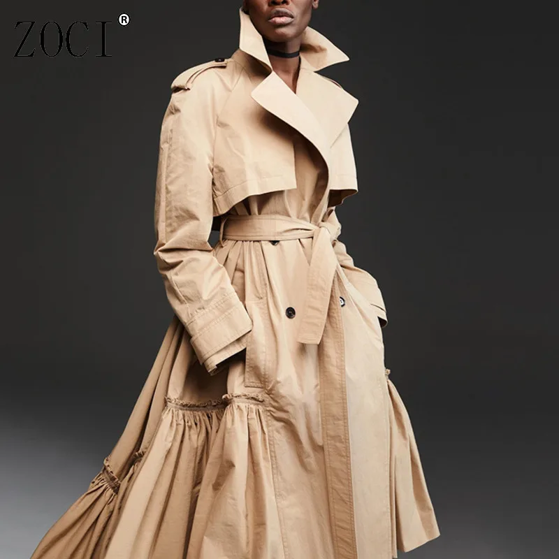 

ZOCI женские плащи с рюшами по краю, однотонные ветровки для женщин, элегантное пальто в английском стиле, новинка осени 2023 г.