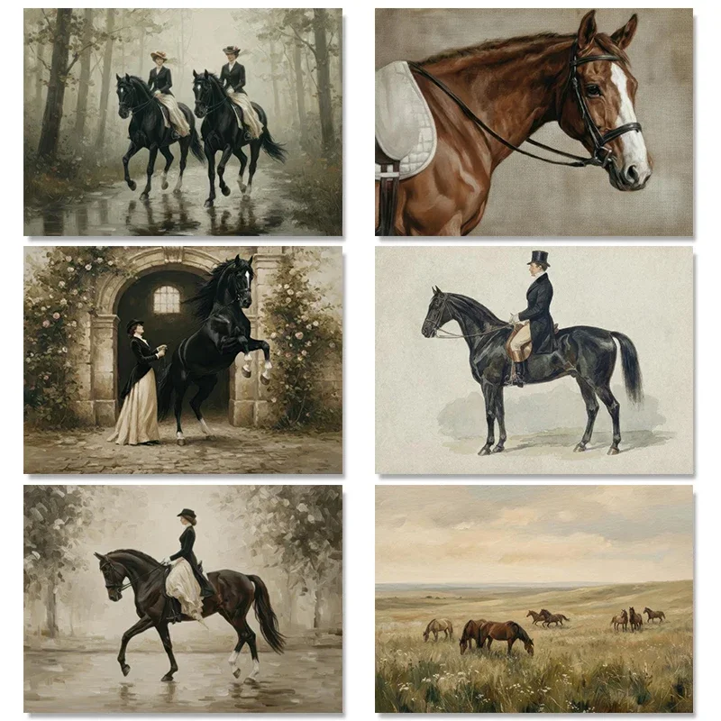 Retro Elegant Lady With Horse Posters Classic Equestrian Farmhouse Modern Prints Canvas Wall Art Pictures Home Living Room Decor