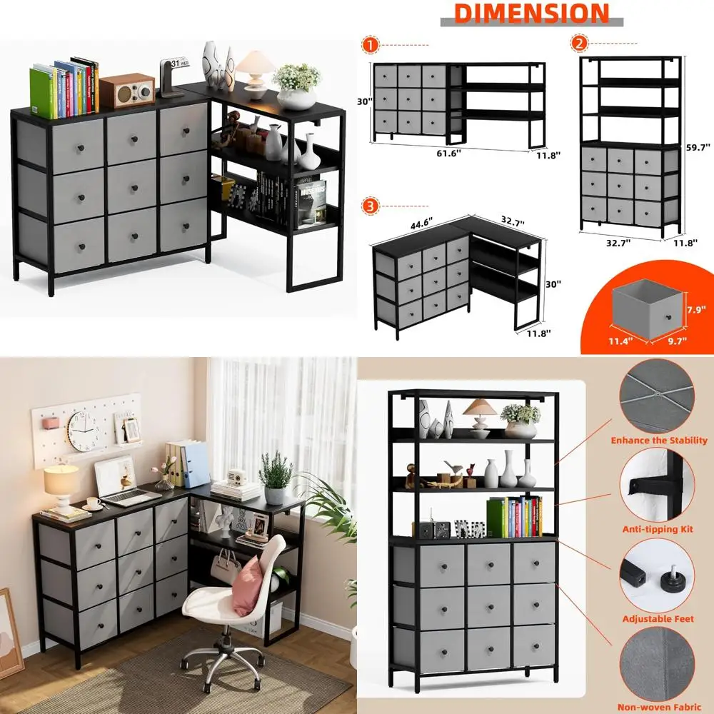 

Большой комод для спальни с 3-уровневыми открытыми полками и 9 ящиками для хранения в шкафу, подходит для подставки под телевизор диаметром 50–75 дюймов.