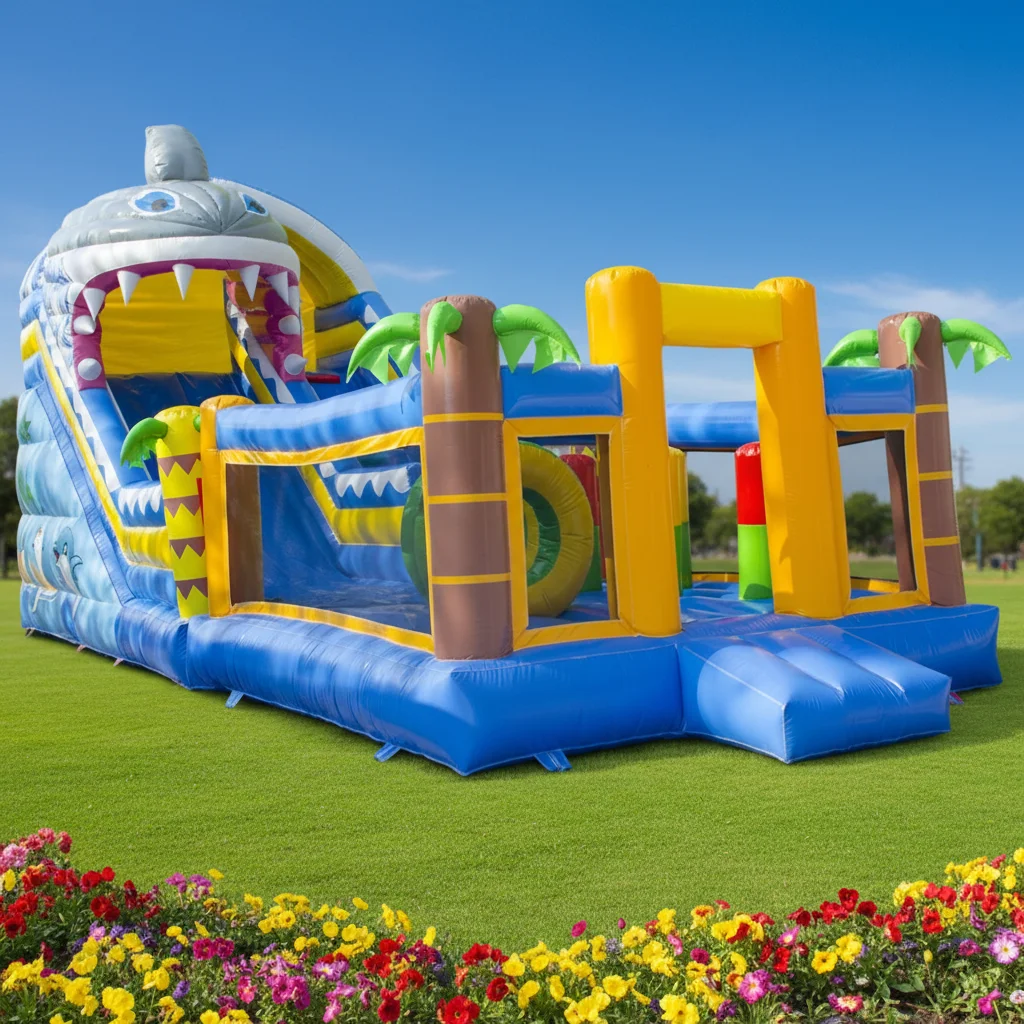 Shark Theme Inflatable Bounce House with Water Slide Climbing Wall Commercial Grade Kids Inflatable Playground