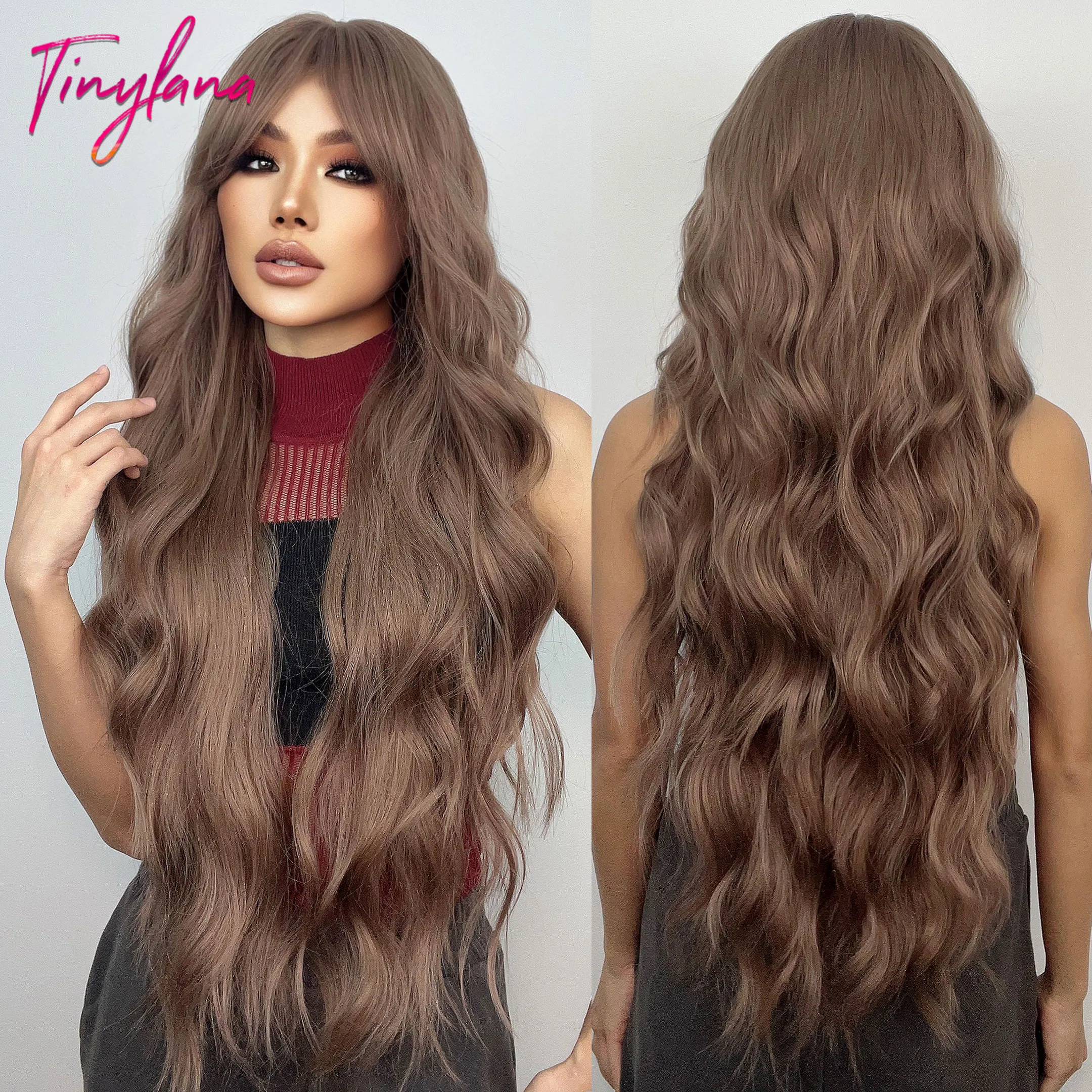 Super Long Curly Wavy Brown Synthetic Wigs with Bangs Cosplay Party Halloween Natural Afro Hair for White Women Heat Resistant