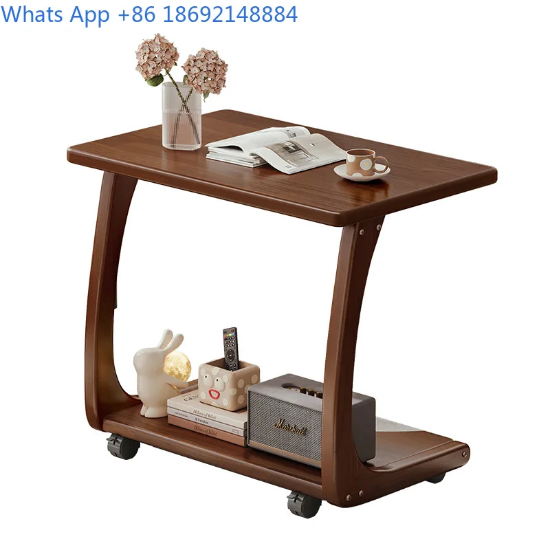Wooden Side Table with Wheels for Living Room or Bedside C Shaped Small Coffee Table for Home Use